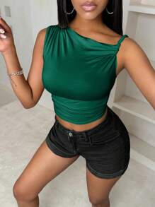 VaVaBold 女式纯色简约无袖休闲上衣 - 綠色 - 查看 4