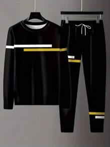 Men's Stripe Round Neck Long Sleeve T-Shirt And Drawstring Waist Casual Pants Set, Spring & Summer - Black - View 3