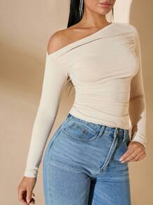 SHEIN BAE Women's Solid Color Asymmetrical Neck Fitted Ruched Knitted Sweater, Autumn/Winter - Apricot - View 3