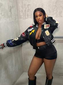 BamGleam Women's Contrast Color Patch Pocket Zipper Short Casual Baseball Jacket Fall Winter Cloth For Women - Black - View 4