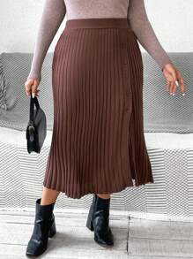 SHEIN LUNE Plus Size Women's Brown Buttoned Front Slit Rib Knit Skirt, Fall/Winter Skirt
