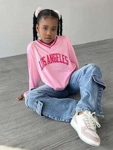 Tween Girl Oversized V-Neck City Letter Printed Long Sleeve T-Shirt