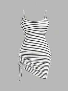 Flirla Striped Plus Size Adjustable Strap Jumper Dress