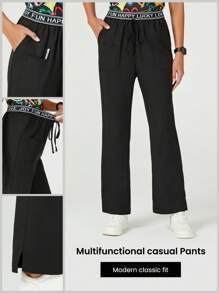 TaskEZ Women's Black 3 Pkt Logo Waist Pants With Drawstring Letter Pattern Waistband /Nurse Uniform Pants Scrub Pants - Black - View 2