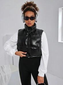 Teens/Girls Casual Streetwear Chic Reversible Fleece Vest Padded Coat - Black - View 4