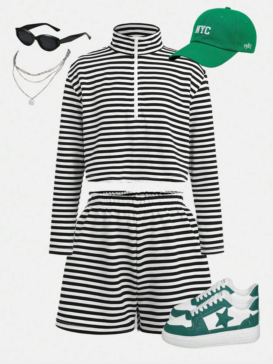 SHEIN 2 件套少女针织条纹领口运动衫和宽松短裤套装 - 黑與白 - 查看 1