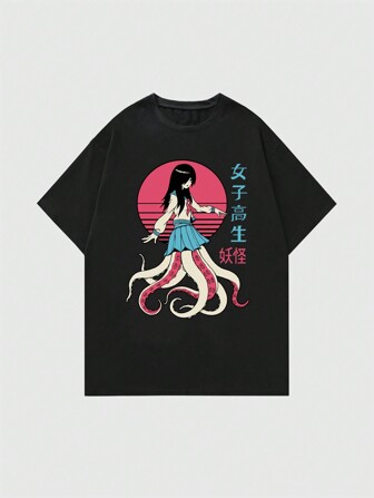 Vincenttrinidadart Camiseta gráfica con estampado de chica anime lindo, de cuello redondo, manga corta, talla grande, para mujer, camiseta informal de verano