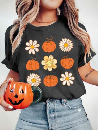 INAWLY Halloween Plus Size Women Short Sleeve Casual Pumpkin & Round Neck Loose T-Shirt, Spring Summer Fall Clothes