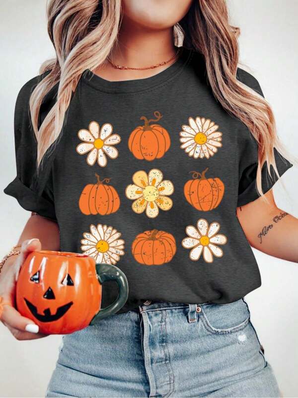 INAWLY Halloween Plus Size Women Short Sleeve Casual Pumpkin & Round Neck Loose T-Shirt, Spring Summer Fall Clothes