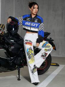 ROMWE PUNK Women's Zip-Up Long Sleeve Racing Jacket, Fashionable Streetwear - Blue - View 3