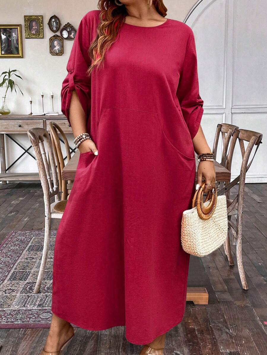 SHEIN Unity Robe décontractée à manches longues et col rond de couleur unie, grande taille pour femmes - Rouge foncé - Voir 1