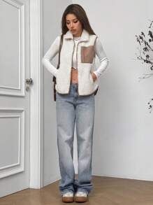 SHEIN EZwear 撞色立领羊毛背心夹克，秋冬款 - 米色 - 查看 4
