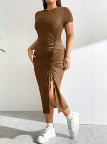 SHEIN Essnce 大码女式夏季休闲修身舒适开衩聚拢抽绳棕色连衣裙、修身连衣裙、夏季女装、中长连衣裙、长款紧身连衣裙、返校装、加大码、返校节连衣裙 - 棕色 - 查看 3