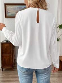 SHEIN LUNE 女士休闲露肩泡泡袖立领都市通勤时尚衬衫 - 白色 - 查看 2