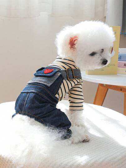 PETSIN 1 件装宠物条纹针织牛仔连体裤 2 合 1 狗四腿裤