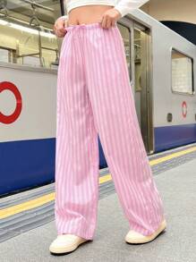 SHEIN Teen Girls Striped Cinched Waist Flare Leg Casual Palazzo Pants, Pink & White