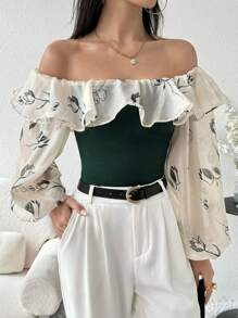 Modelyn Floral Print Off Shoulder Ruffle Trim Lantern Sleeve Top - Multicolor - View 5