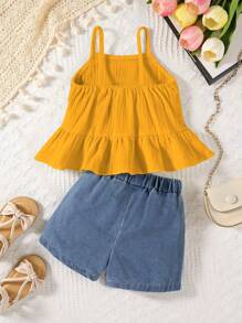 Baby Girls' Printed Sleeveless Top & Denim Shorts Set - Yellow - View 2