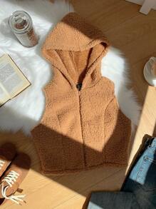 Comfortcana 驼绒大码女款拉链休闲连帽背心夹克羊毛背心棕色泰迪熊背心泰迪熊连帽衫背心女款秋冬背心