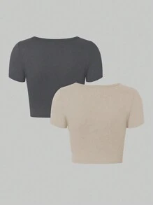 SHEIN Unity Bộ áo thun crop top màu trơn thông thường cho mùa hè - Màu xám đen - Xem 2