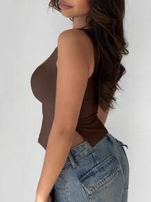 Women's Casual Solid Color Pleated Side Slit Sweetheart Neck Camisole, Summer - Khaki - View 7