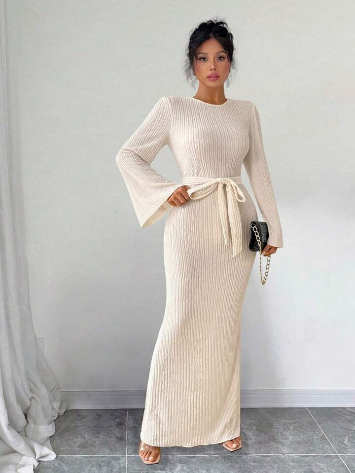 Chiquease Women Elegant Solid Color Bell Sleeve Dress