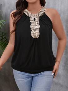 SHEIN LUNE Plus Size Summer Casual Contrast Color Hollow Lace Trim Camisole