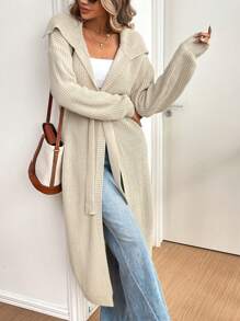 Chiquease 女士纯色简约休闲连帽开衫、长袖上衣 - 杏色 - 查看 5