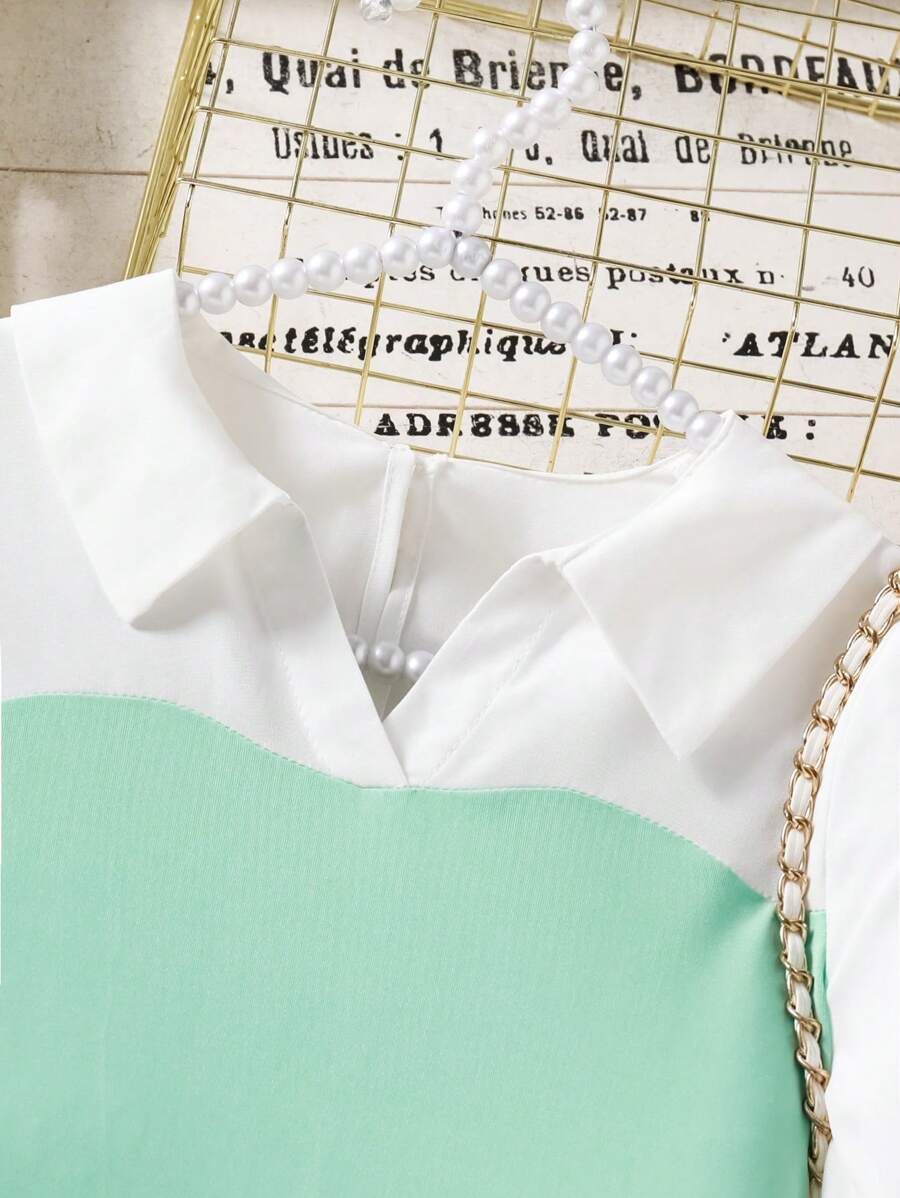 SHEIN Tween Girl Elegant Casual Vintage Lantern Sleeve Black & White