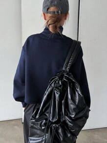 DAZY Sudadera con capucha de unicolor con cremallera y cordón en el bajo, ropa de otoño - Azul Marino - Ver 2