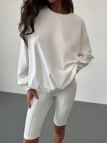 Aloruh 2 Cái/bộ Áo Chui Đầu Rộng + Quần Xe Đạp Trang Phục Thể Thao Thông Thường Cho Nữ - trắng - Xem 2