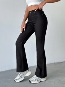 SHEIN PETITE 女士口袋喇叭牛仔裤