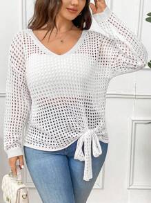 Elenzga Áo len dài tay dáng suông tối giản màu trơn dành cho nữ cỡ lớn, có dây rút và khoét lỗ, thích hợp mặc hàng ngày, mùa thu đông. - trắng - Xem 3