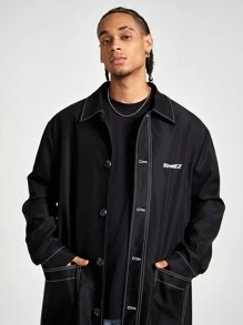 Manfinity VCAY Men's Long Embroidery Loose Woven Trench Coat, For Fall Winter - Black - View 1