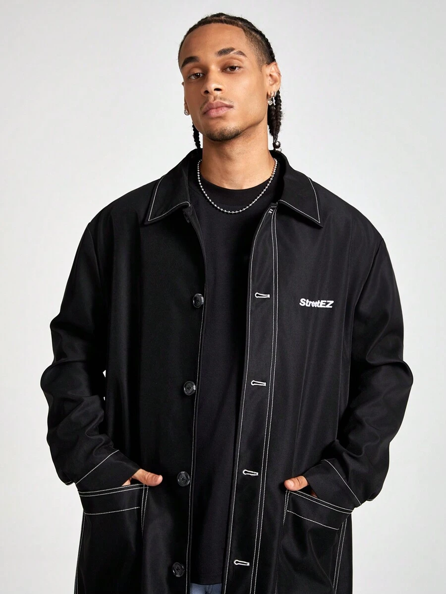 Manfinity VCAY Men's Long Embroidery Loose Woven Trench Coat, For Fall Winter - Black - View 1