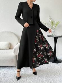 Modelyn 女性優雅純色外套和印花拼接A字裙兩件套裝，適用於春秋季節 - 彩色 - 查看 1