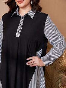 Al Najma Đầm thường ngày dài tay kẻ sọc cổ polo mùa xuân và mùa hè cỡ lớn cho nữ, phong cách giản dị, kín đáo, váy dài cỡ lớn - màu đen - Xem 5