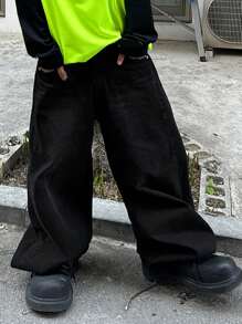 DAZY Jeans amples à poches de couleur unie à jambes larges pour hommes, automne, vêtements de rentrée scolaire, grunge - Noir - Voir 7