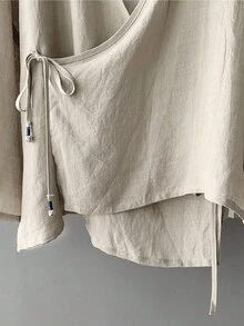 Plus Size Women's Linen Blend Tie Front Top, Loose Vintage Top - Beige - View 5
