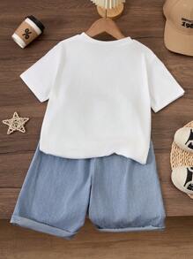 SHEIN Tween Boy's Casual Cartoon Letter Print Crew Neck Short Sleeve T-Shirt And Shorts Set, Summer - White - View 2