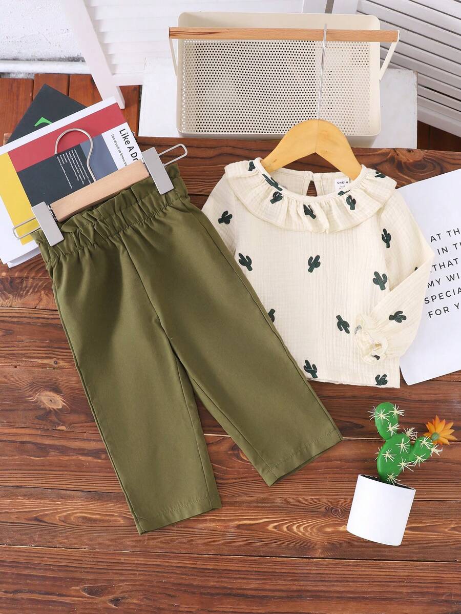 2pcs/Set Baby Girl Cactus Print Long Sleeve Outfit Set - Green - View 1