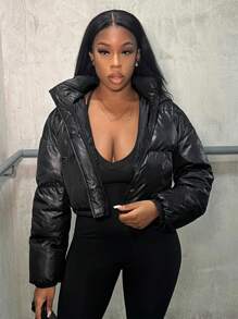 BamGleam Women's Winter Black Cropped Style Can Be Waisted Minimalist Daily Padded Hooded Coat - Black - View 6