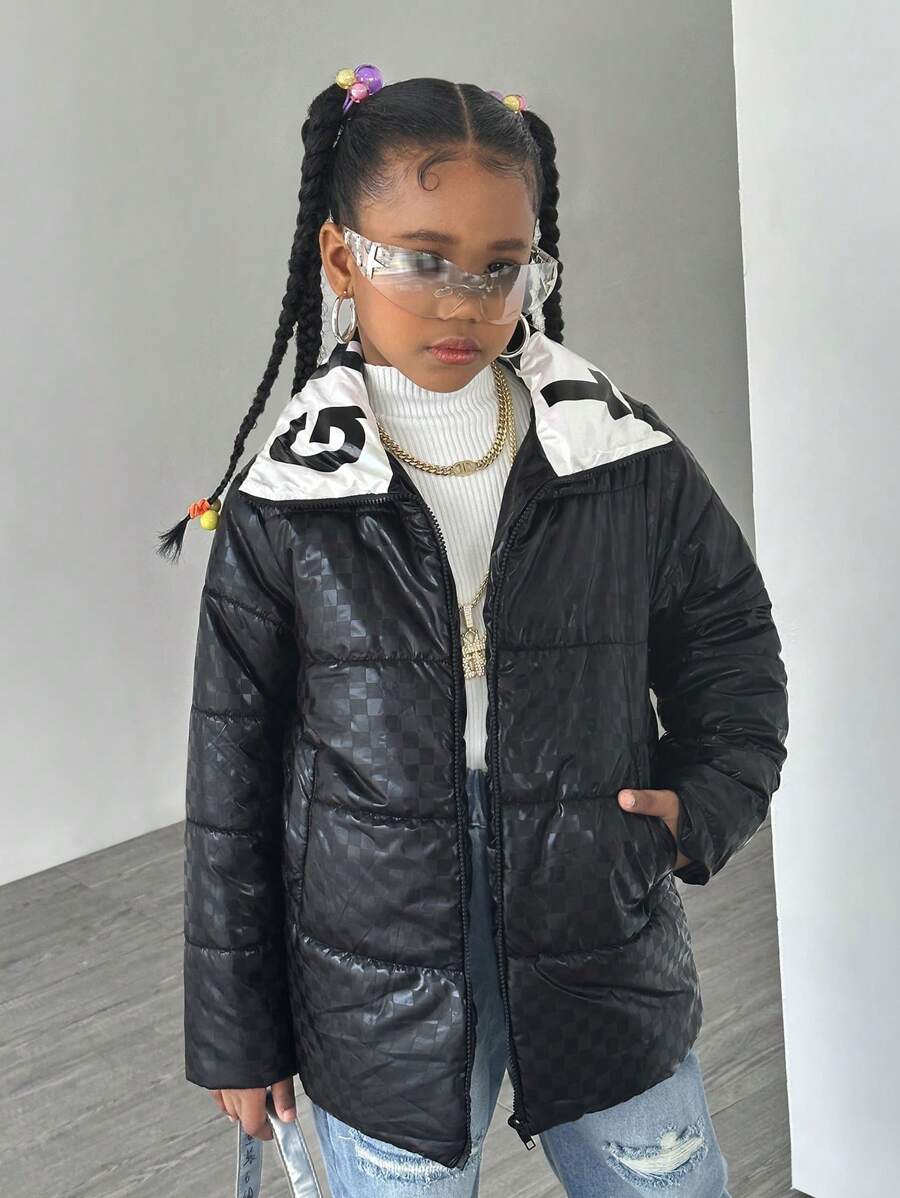 Tween Girls  Casual Stand Collar Cropped Jacket - Black - View 1