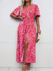 Franclia Váy ngắn tay cổ chữ V in hoa mùa hè cỡ lớn dành cho nữ - Màu Hồng Tươi - Xem 5