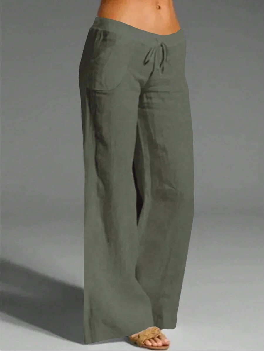 EMERY ROSE 休閒實色束腰寬腿褲 - 軍綠色 - 查看 1