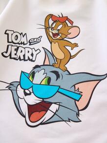 TOM & JERRY X SHEIN Young Girl Cartoon Print Drop Shoulder Loose Sweatshirt And Pink Leggings 2pcs Set - White - View 4