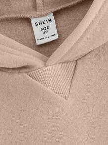 SHEIN 男童纯色米色翻领设计袋鼠口袋卫衣，长袖休闲日常穿着，适合秋冬季节 - 駝色 - 查看 3