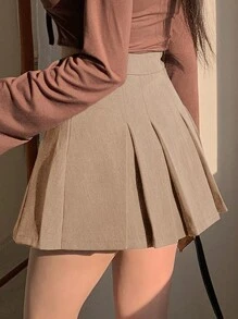 DAZY Women's Solid Color Simple Daily Pleated Mini Skirt Fall Skirts - Khaki - View 5