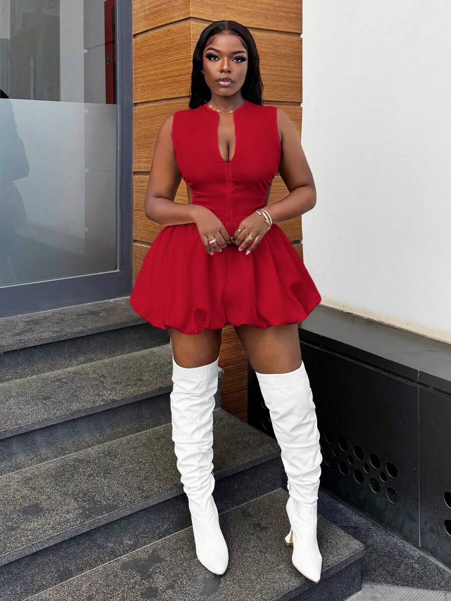 Slaydiva Thời trang mới Váy bong bóng không tay cho kỳ nghỉ thường ngày - Màu Đỏ Sâu - Xem 1