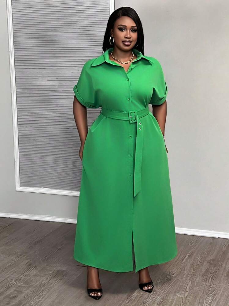 Slaydiva Women's Plus Size Short Sleeve Shirt-Style Green Casual Dress |  SHEIN USA